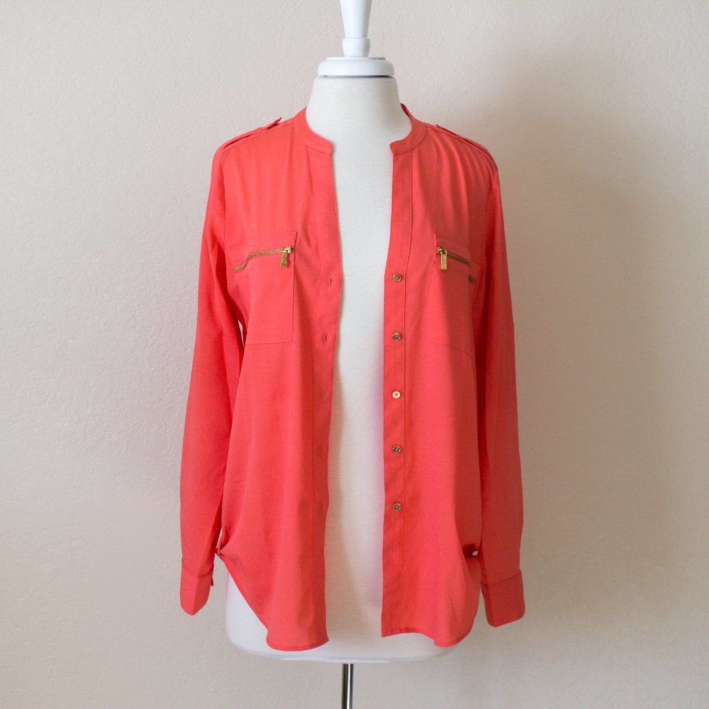 Calvin Klein Salmon Pink Button Down Blouse Medium Roll Tab Sleeves Peach Top